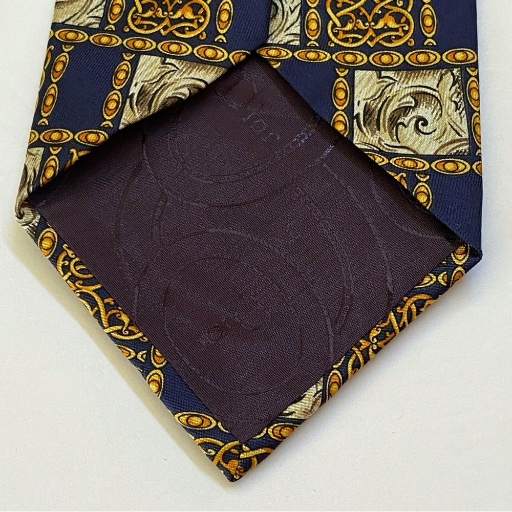 VINTAGE CHRISTIAN DIOR MONSIEUR NAVY BLUE GOLD CREAM SQUARE PRINT SILK NECK TIE - Picture 4 of 6